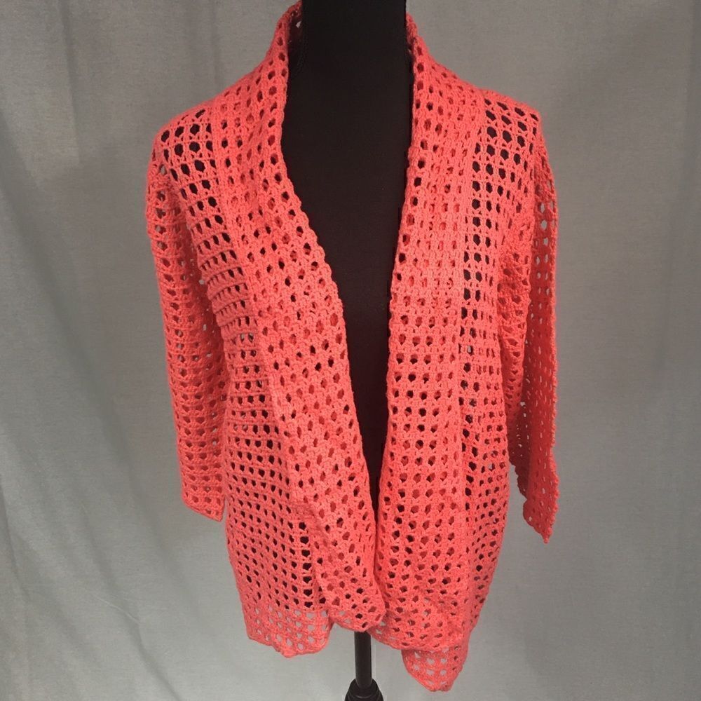 Jessica London coral orange lace crochet cover up wrap 3/4 length sleeves sz 12